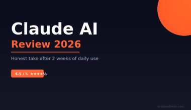 Claude AI review 2026 featured image showing a 4.5 out of 5 star rating and honest user feedback after two weeks of daily use.