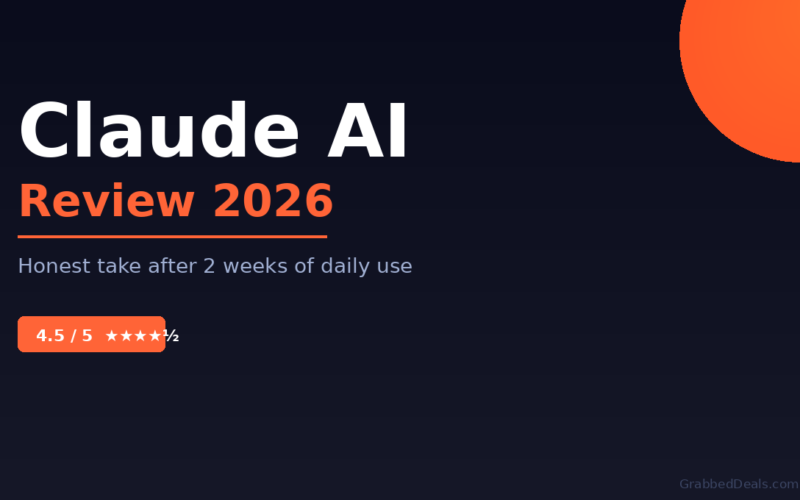 Claude AI review 2026 featured image showing a 4.5 out of 5 star rating and honest user feedback after two weeks of daily use.