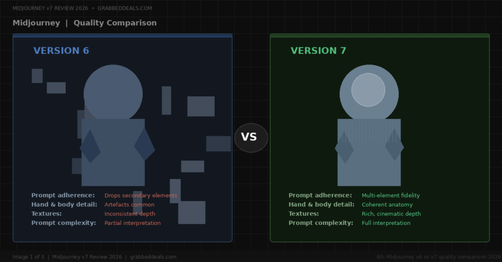 Midjourney quality comparison infographic for 2026 showing Version 6 alongside Version 7 with notes on prompt adherence, anatomy coherence and texture depth.