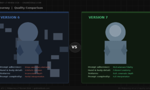 Midjourney quality comparison infographic for 2026 showing Version 6 alongside Version 7 with notes on prompt adherence, anatomy coherence and texture depth.