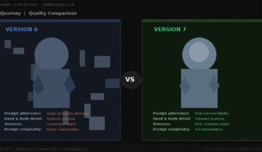 Midjourney quality comparison infographic for 2026 showing Version 6 alongside Version 7 with notes on prompt adherence, anatomy coherence and texture depth.
