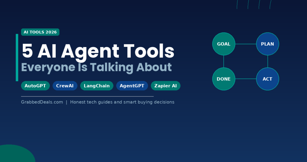 Featured image showing 5 trending AI agent tools for 2026 including AutoGPT, CrewAI, LangChain, AgentGPT and Zapier AI with an autonomous workflow diagram.