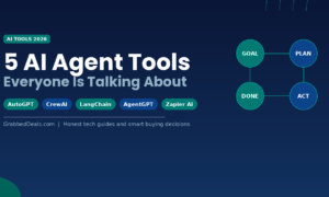 Featured image showing 5 trending AI agent tools for 2026 including AutoGPT, CrewAI, LangChain, AgentGPT and Zapier AI with an autonomous workflow diagram.