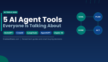 Featured image showing 5 trending AI agent tools for 2026 including AutoGPT, CrewAI, LangChain, AgentGPT and Zapier AI with an autonomous workflow diagram.