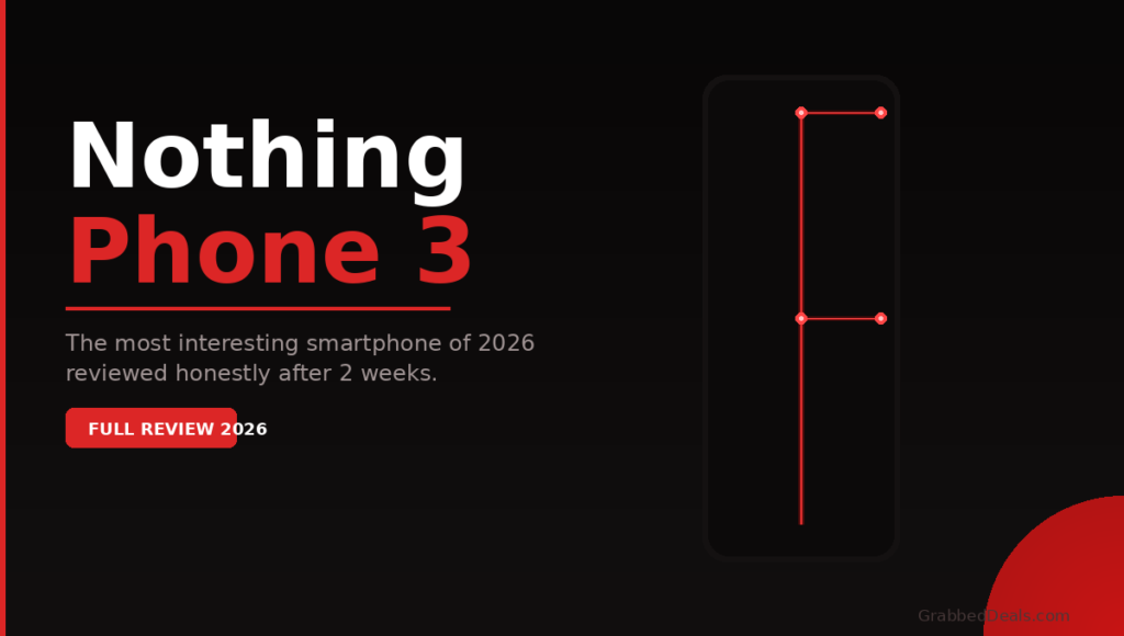 Nothing Phone 3 review featured image for 2026 showing the red and black minimalist design and Glyph interface concept.