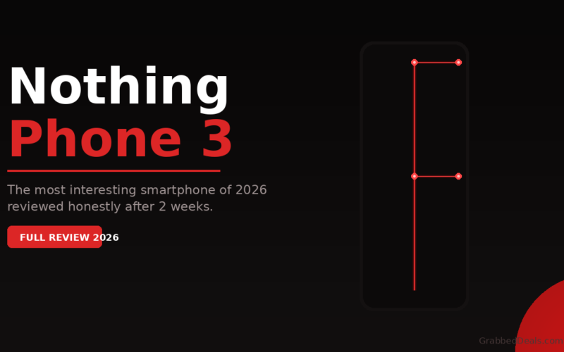 Nothing Phone 3 review featured image for 2026 showing the red and black minimalist design and Glyph interface concept.