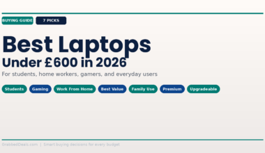Featured image for a buying guide on the 7 best laptops under £600 in 2026 for students, home workers and gamers.