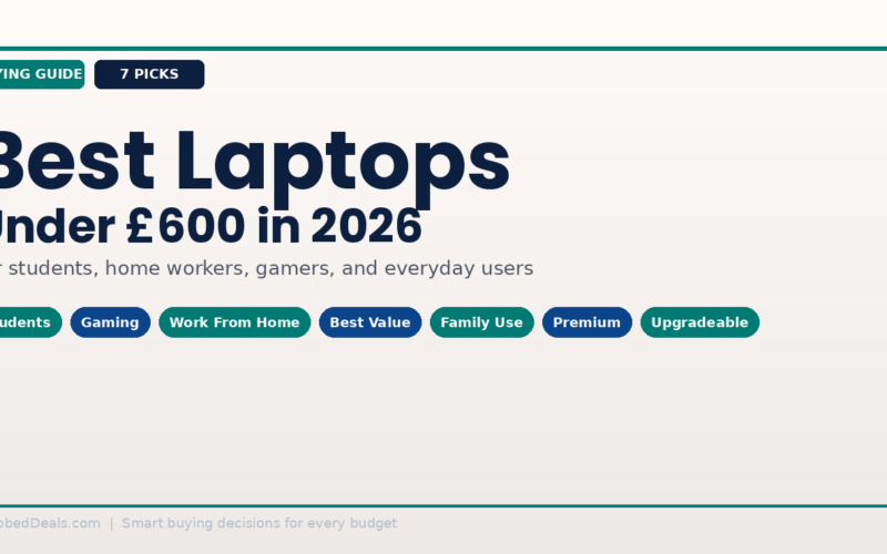 Featured image for a buying guide on the 7 best laptops under £600 in 2026 for students, home workers and gamers.