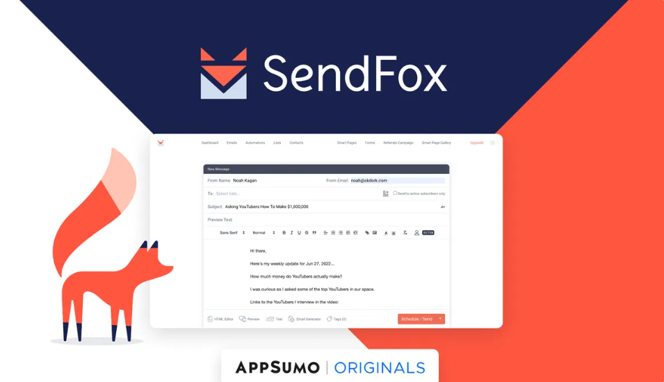 SendFox email marketing software interface showing an email editor and the AppSumo Originals logo.