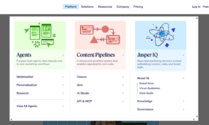 Navigation menu of the Jasper AI platform in April 2026 showing the three core systems: Agents for optimisation and personalisation, Content Pipelines including the Grid and Canvas, and Jasper IQ for brand voice and governance.