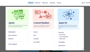 Navigation menu of the Jasper AI platform in April 2026 showing the three core systems: Agents for optimisation and personalisation, Content Pipelines including the Grid and Canvas, and Jasper IQ for brand voice and governance.