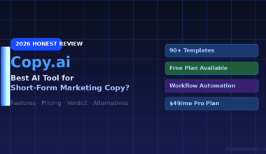 Featured image for the 2026 Copy.ai review from GrabbedDeals highlighting its 90 plus templates, permanent free plan, workflow automation and the 49 dollar per month Pro tier.