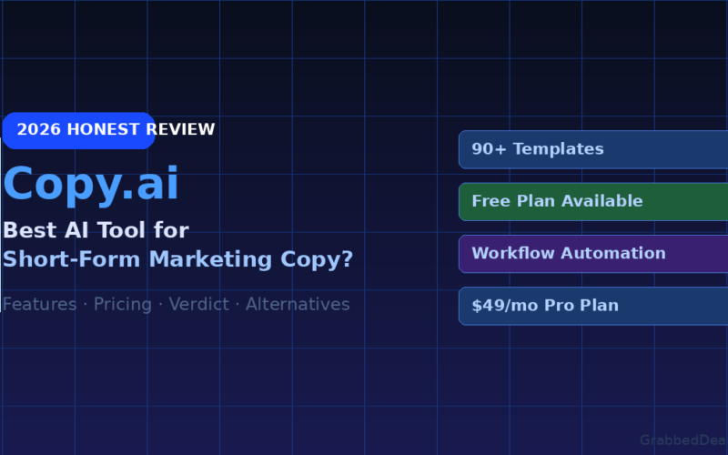 Featured image for the 2026 Copy.ai review from GrabbedDeals highlighting its 90 plus templates, permanent free plan, workflow automation and the 49 dollar per month Pro tier.