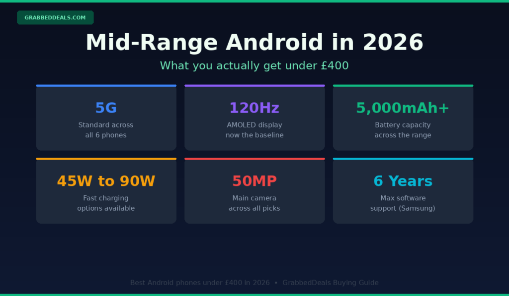 Infographic detailing mid-range Android phone features for 2026 under £400 including 5G connectivity, 120Hz AMOLED displays and 5000mAh battery capacities.