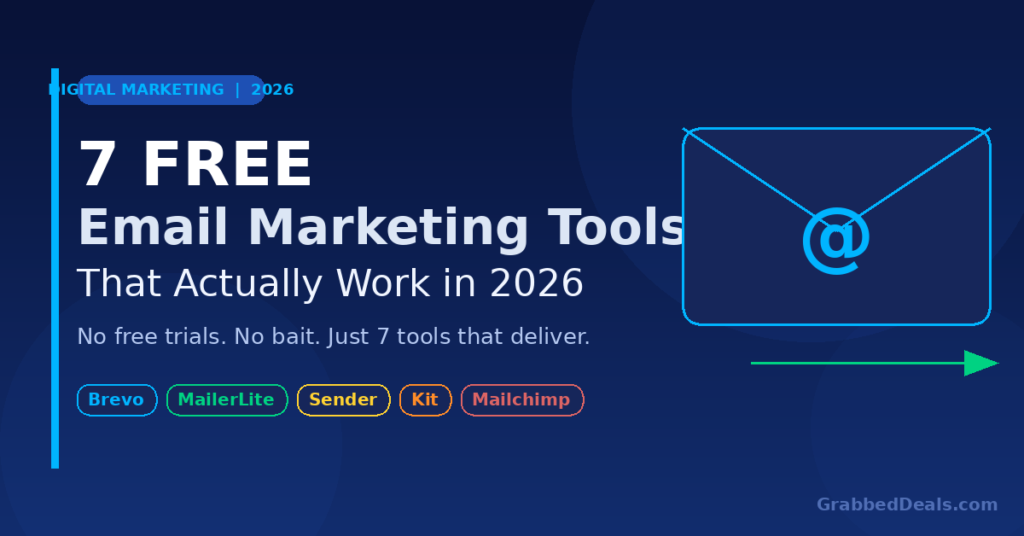 Featured graphic for 2026 digital marketing guide titled 7 Free Email Marketing Tools That Actually Work featuring logos for Brevo, MailerLite, Sender, Kit and Mailchimp.