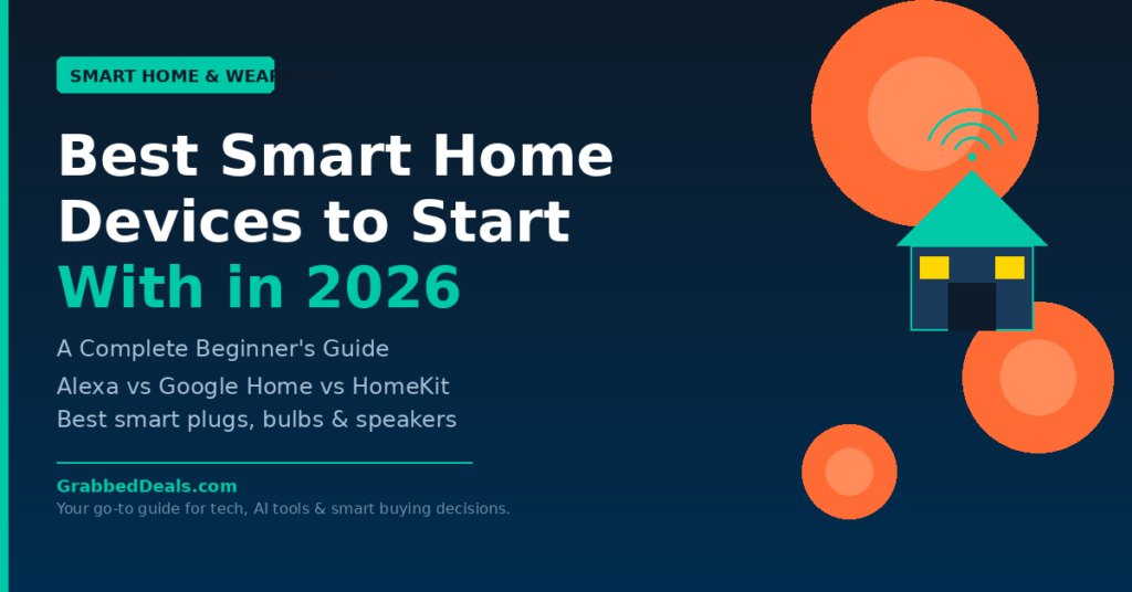 Featured graphic for the 2026 beginner smart home guide titled Best Smart Home Devices to Start With in 2026 featuring a house icon with wifi signals and a comparison of Alexa, Google Home and HomeKit for GrabbedDeals.