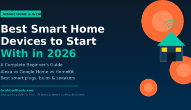 Featured graphic for the 2026 beginner smart home guide titled Best Smart Home Devices to Start With in 2026 featuring a house icon with wifi signals and a comparison of Alexa, Google Home and HomeKit for GrabbedDeals.