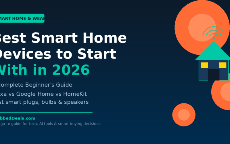 Featured graphic for the 2026 beginner smart home guide titled Best Smart Home Devices to Start With in 2026 featuring a house icon with wifi signals and a comparison of Alexa, Google Home and HomeKit for GrabbedDeals.