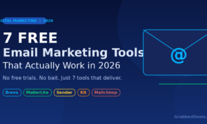 Featured graphic for 2026 digital marketing guide titled 7 Free Email Marketing Tools That Actually Work featuring logos for Brevo, MailerLite, Sender, Kit and Mailchimp.
