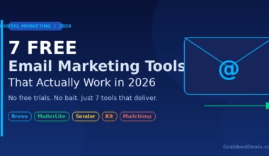 Featured graphic for 2026 digital marketing guide titled 7 Free Email Marketing Tools That Actually Work featuring logos for Brevo, MailerLite, Sender, Kit and Mailchimp.