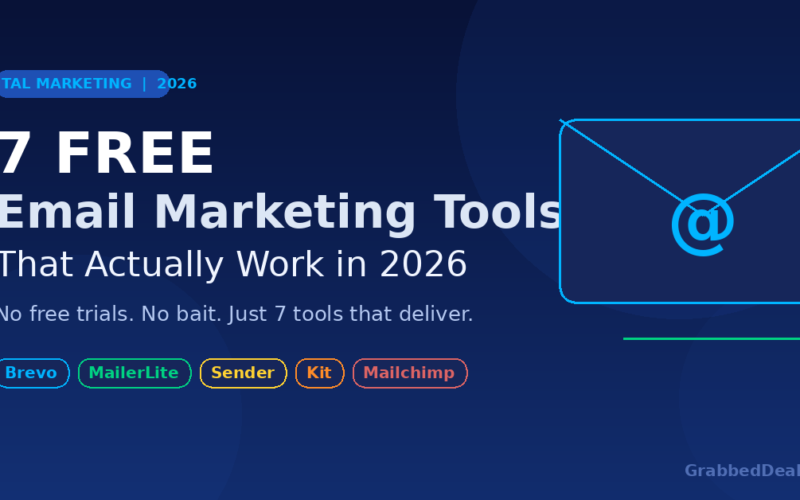 Featured graphic for 2026 digital marketing guide titled 7 Free Email Marketing Tools That Actually Work featuring logos for Brevo, MailerLite, Sender, Kit and Mailchimp.