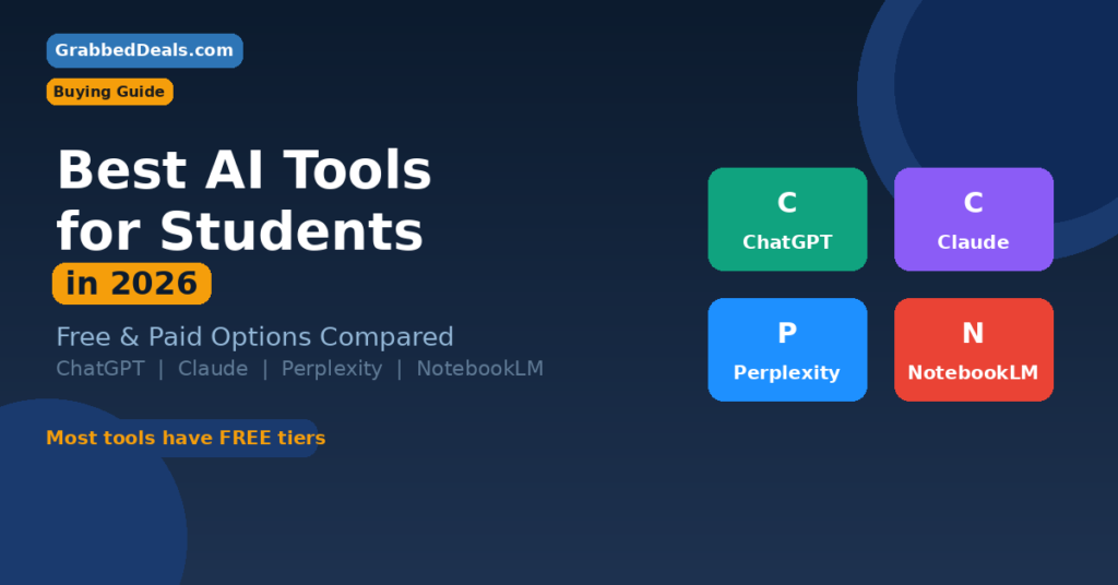 Featured image for the best AI tools for students in 2026 comparing free and paid versions of ChatGPT, Claude, Perplexity and NotebookLM.