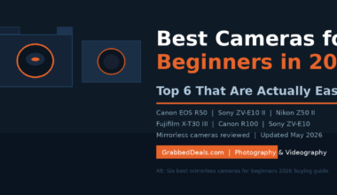 Featured image for the best mirrorless cameras for beginners in 2026 featuring the Canon EOS R50, Sony ZV-E10 II, Nikon Z50 II, Fujifilm X-T30 III, Canon R100 and Sony ZV-E10.