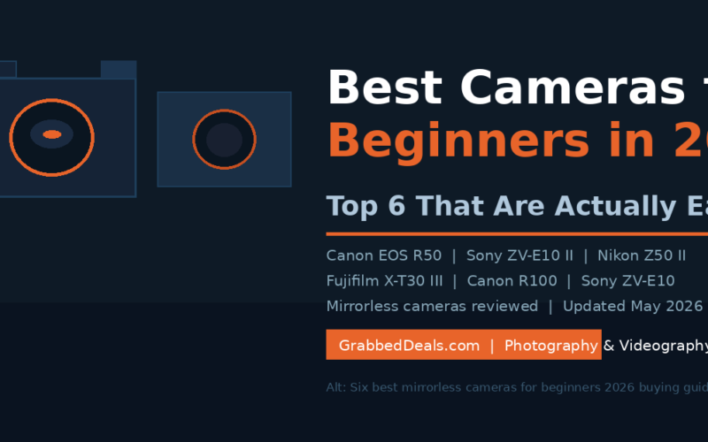 Featured image for the best mirrorless cameras for beginners in 2026 featuring the Canon EOS R50, Sony ZV-E10 II, Nikon Z50 II, Fujifilm X-T30 III, Canon R100 and Sony ZV-E10.