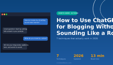 Featured image for a guide on how to use ChatGPT for blogging without sounding like a robot, highlighting seven prompt engineering techniques for 2026.