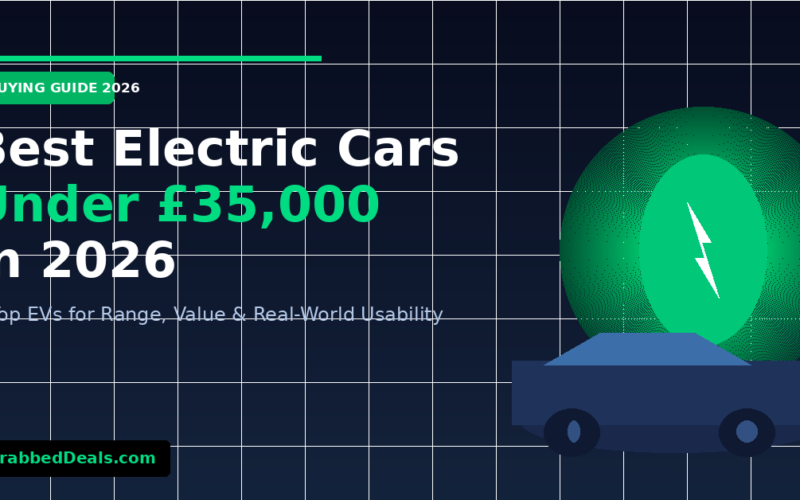 Featured image for a buying guide on the 6 best electric cars under £35,000 in 2026 with a green charging symbol and EV silhouette.