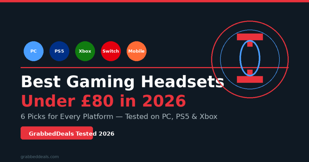 Featured hero image for the best gaming headsets under £80 in 2026 guide from GrabbedDeals featuring 6 tested picks for PC, PS5, Xbox, Switch and mobile platforms.