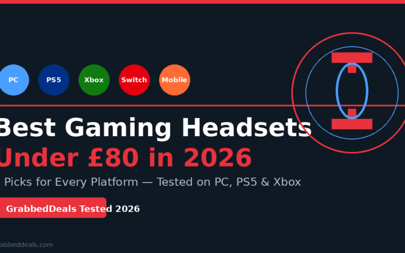 Featured hero image for the best gaming headsets under £80 in 2026 guide from GrabbedDeals featuring 6 tested picks for PC, PS5, Xbox, Switch and mobile platforms.
