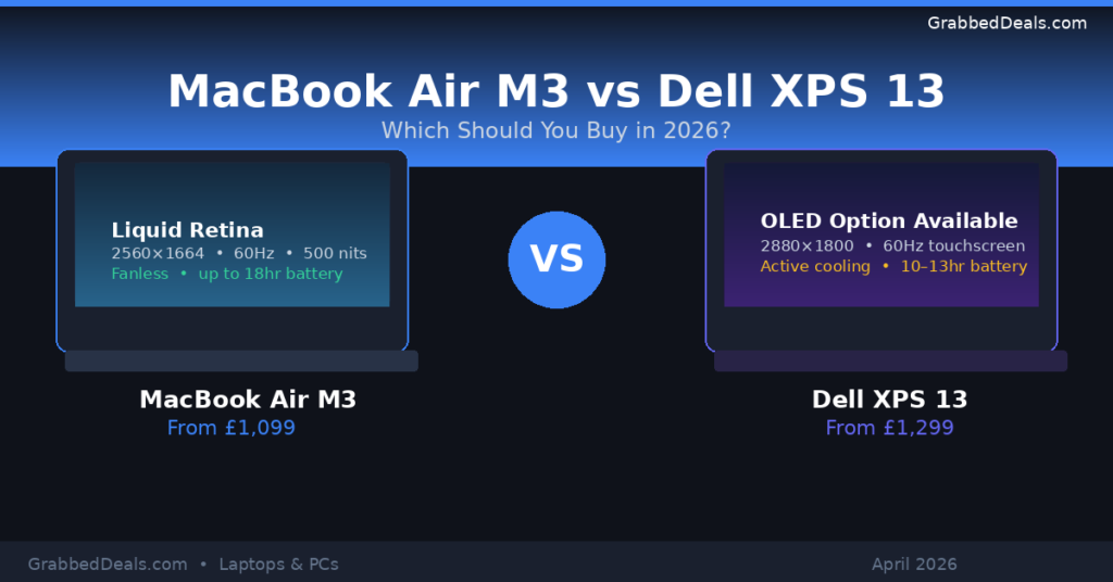 Comparison graphic of MacBook Air M3 and Dell XPS 13 for 2026 featuring display specs, battery life and UK pricing for GrabbedDeals.