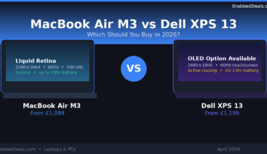 Comparison graphic of MacBook Air M3 and Dell XPS 13 for 2026 featuring display specs, battery life and UK pricing for GrabbedDeals.