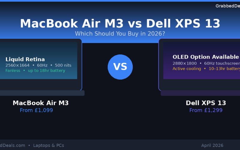 Comparison graphic of MacBook Air M3 and Dell XPS 13 for 2026 featuring display specs, battery life and UK pricing for GrabbedDeals.