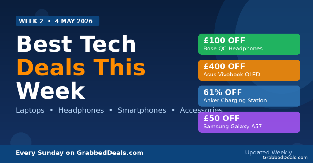Featured graphic for GrabbedDeals showing the best tech deals for the week of 4 May 2026 including discounts on Bose headphones, Asus laptops, Anker accessories and Samsung smartphones.