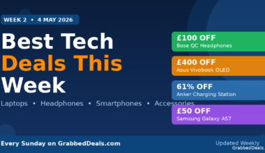 Featured graphic for GrabbedDeals showing the best tech deals for the week of 4 May 2026 including discounts on Bose headphones, Asus laptops, Anker accessories and Samsung smartphones.