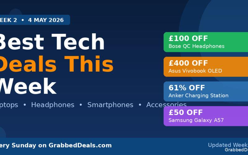 Featured graphic for GrabbedDeals showing the best tech deals for the week of 4 May 2026 including discounts on Bose headphones, Asus laptops, Anker accessories and Samsung smartphones.