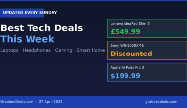 Hero image showing the best tech deals for April 2026 featuring a Lenovo IdeaPad Slim 5 for £549.99 and Apple AirPods Pro 3 for $199.99.