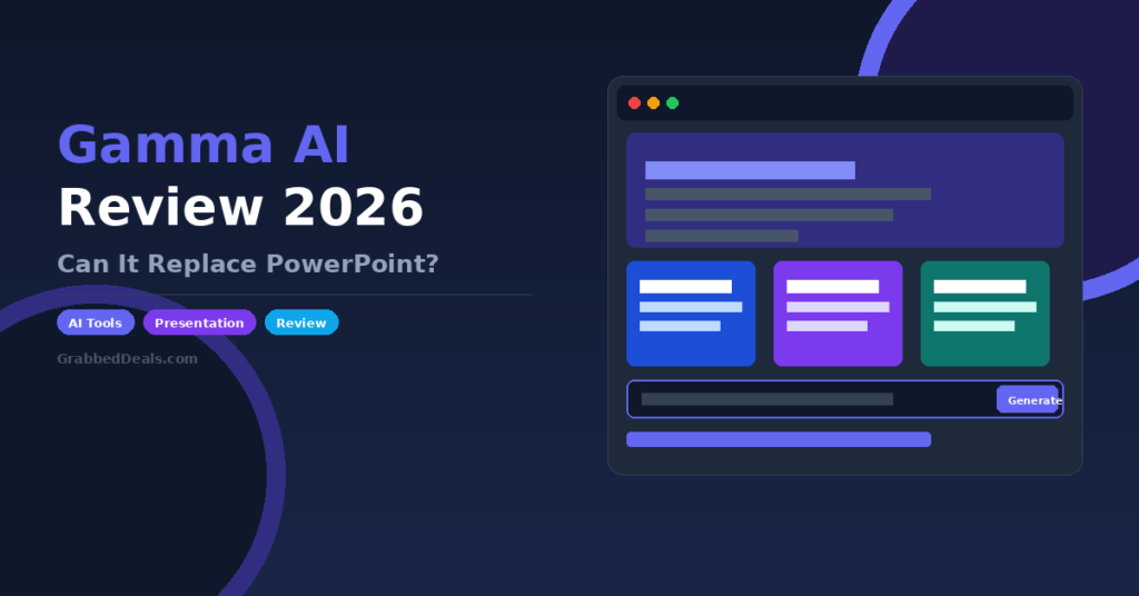 Featured image for the 2026 Gamma AI review from GrabbedDeals asking if it can replace PowerPoint and showing the browser-based generative presentation interface.