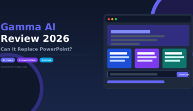 Featured image for the 2026 Gamma AI review from GrabbedDeals asking if it can replace PowerPoint and showing the browser-based generative presentation interface.