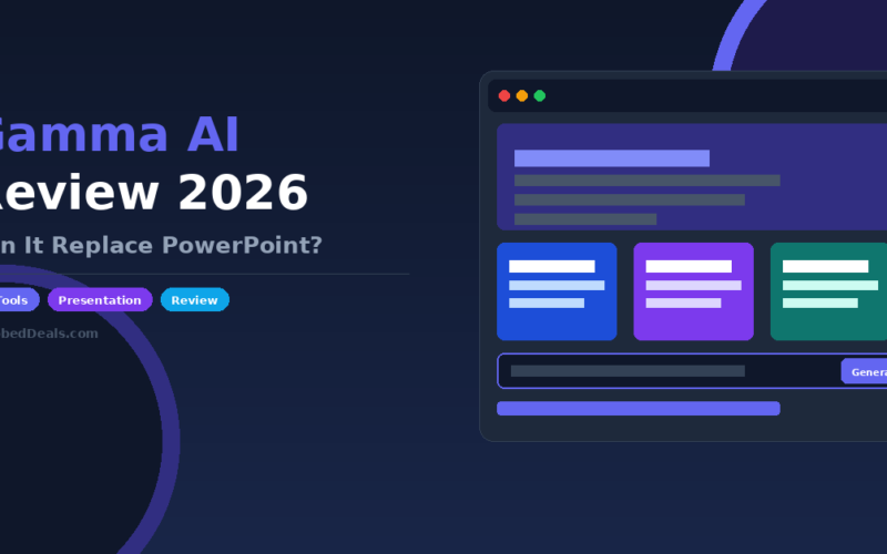 Featured image for the 2026 Gamma AI review from GrabbedDeals asking if it can replace PowerPoint and showing the browser-based generative presentation interface.