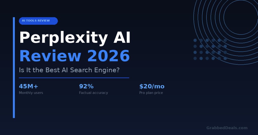 Perplexity AI review featured image for 2026 showing a 92 per cent factual accuracy rating, 45 million monthly users and the 20 dollar per month Pro plan pricing.