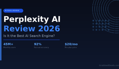 Perplexity AI review featured image for 2026 showing a 92 per cent factual accuracy rating, 45 million monthly users and the 20 dollar per month Pro plan pricing.