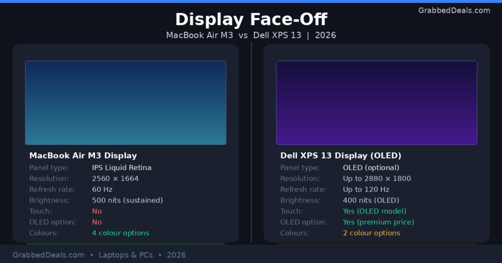 Display comparison graphic for the MacBook Air M3 and Dell XPS 13 in 2026 reviewing resolution, refresh rates and touch screen options for GrabbedDeals.