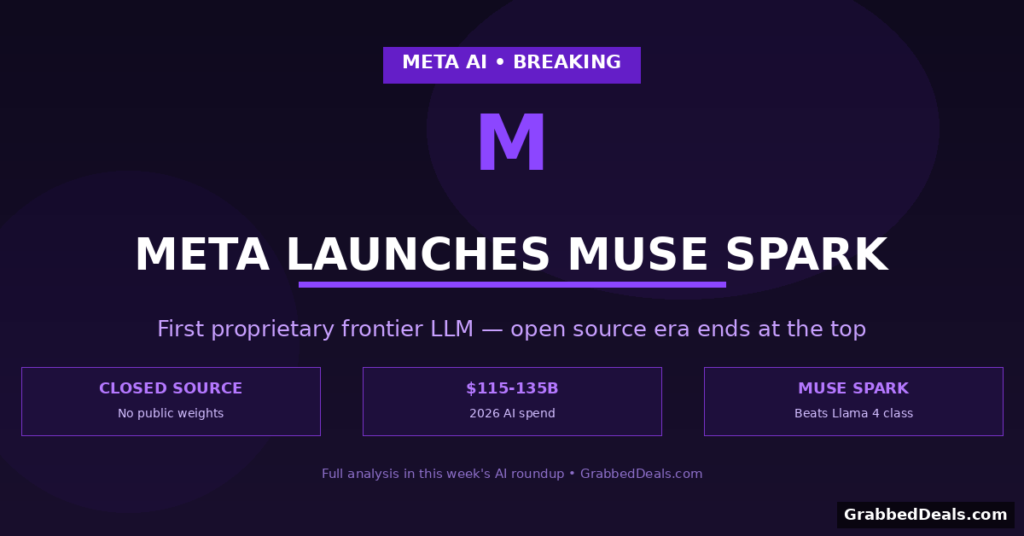Breaking news graphic from GrabbedDeals announcing Meta's launch of Muse Spark, their first proprietary frontier LLM with a 115 to 135 billion dollar spend in 2026.
