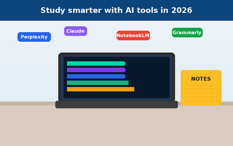 Digital illustration for 2026 showing a laptop on a desk with floating labels for Perplexity, Claude, NotebookLM and Grammarly to help you study smarter with AI tools.