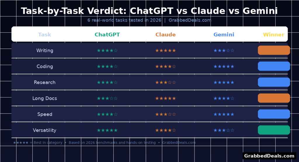 Task-by-task verdict table for 2026 comparing ChatGPT, Claude and Gemini across writing, coding, research, long documents, speed and versatility.