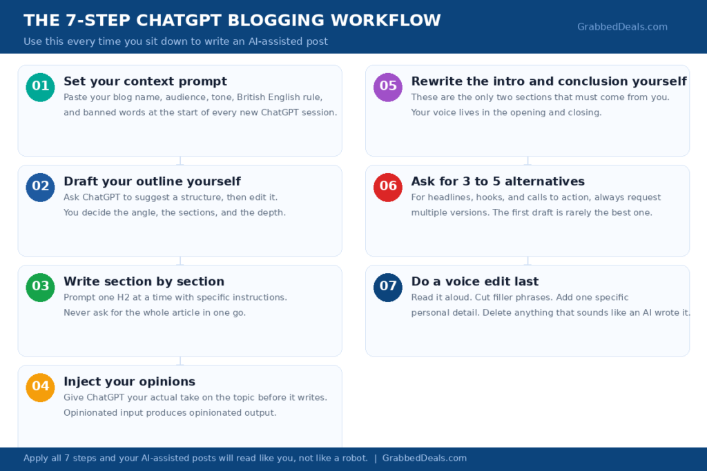 Infographic showing a 7-step ChatGPT blogging workflow for GrabbedDeals including context prompts, drafting outlines and voice editing to make AI content sound human.