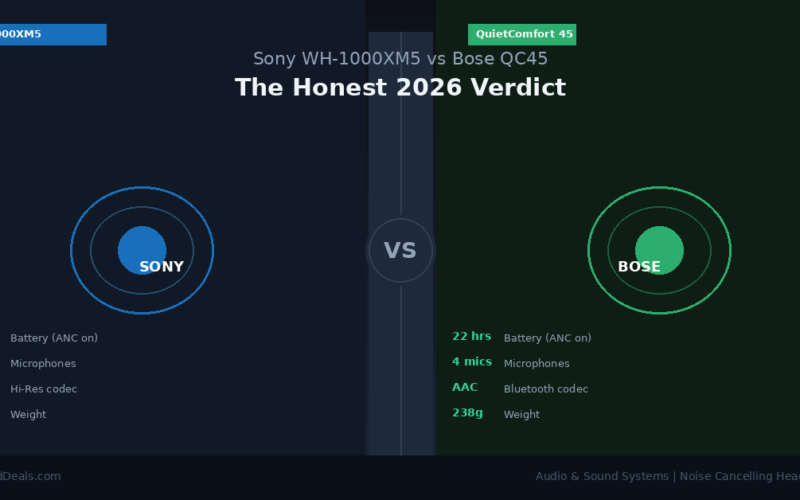 Comparison infographic for Sony WH-1000XM5 and Bose QC45 headphones showing 2026 specs like battery life, microphone counts and LDAC support.